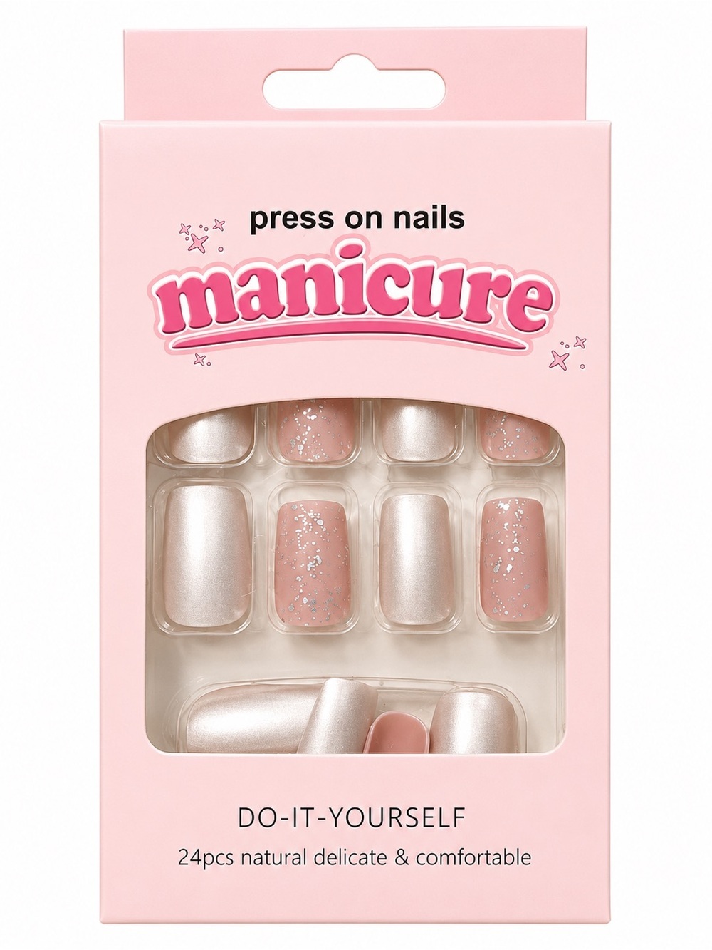 Manicure Nude Champagne Press-On Nails with Glitter Accent | 24 Piece | New